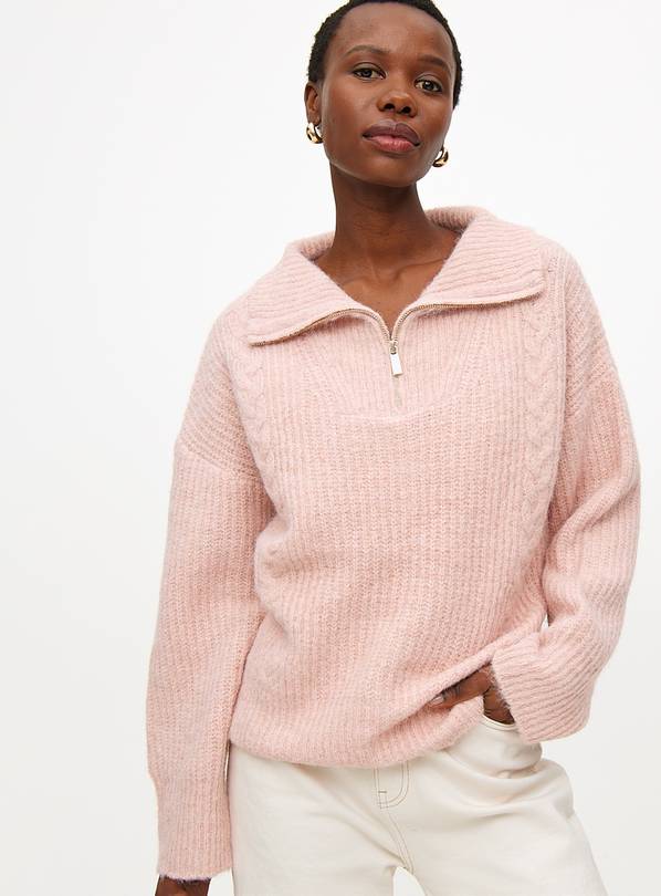 Pink Chunky Knit Quarter-Zip Jumper 24